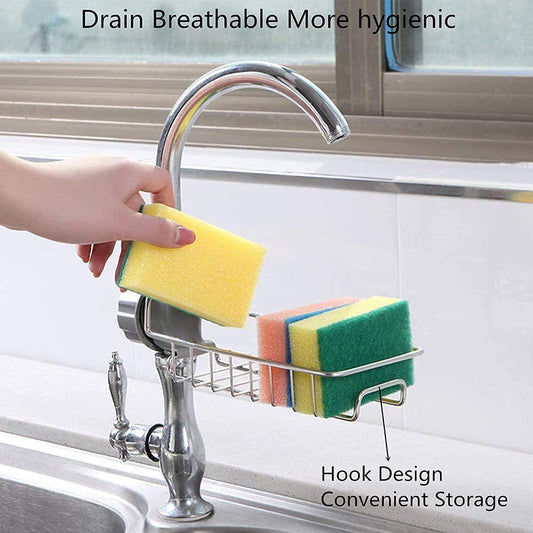 Kitchen Sink Faucet Sponge Holder Caddy Organizer Over | Stainless Steel Heavy-Duty Thickened Hanging Drain Rack for Scrubbers, Soap, and Bathroom Use | Detachable